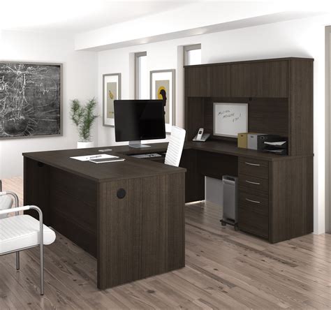 Modern U-shaped Premium Office Desk with Hutch in Dark Chocolate ...