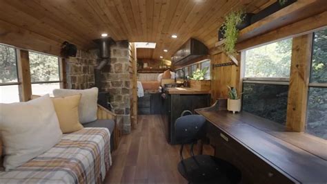 Custom School Bus Camper Conversion Has A Cabin-Inspired Interior