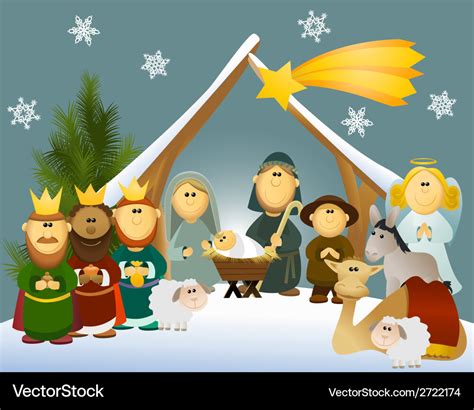 Cartoon nativity scene with holy family Royalty Free Vector