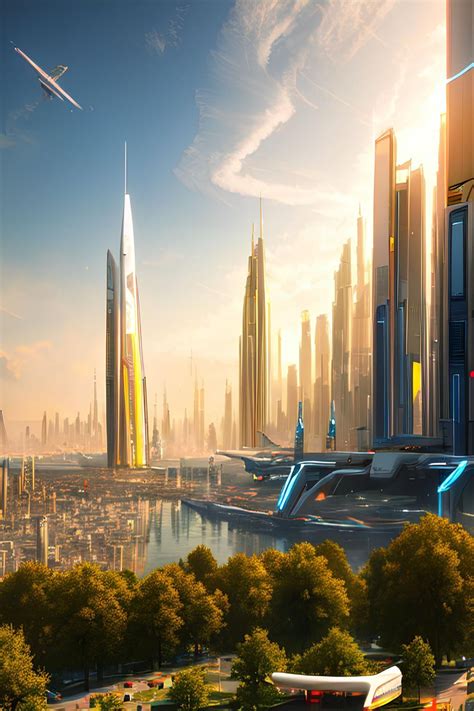 Futuristic Utopian City: White Buildings and Large Flying Drones in ...