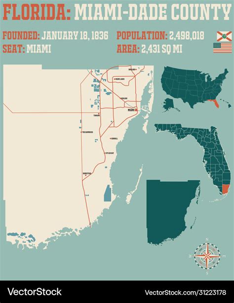 Map miami-dade county in florida Royalty Free Vector Image