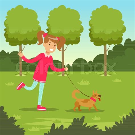 Cute Smiling Girl Walking With Her Dog Stock Vector Colourbox