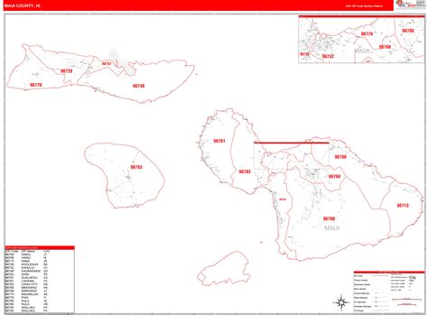 Maui County, HI Zip Code Wall Map Red Line Style by MarketMAPS - MapSales