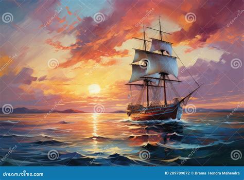 Sailing Ship in the Sea at Sunset. Oil Painting Effect Stock Photo ...