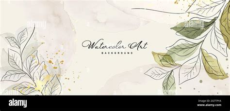 Abstract art watercolor green leaves botanical and gold splash for ...