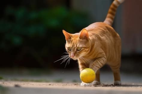 Premium AI Image | A yellow brown cute cat play ball outdoor