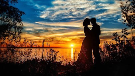 Romantic Love On The Beach Gold Sunset Lake Handsome Couple Loving ...