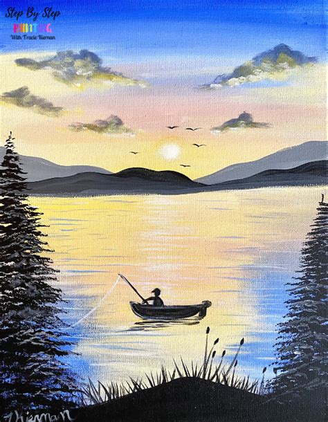 Fishing Painting - With Sunset On Lake - Beginner Tutorial