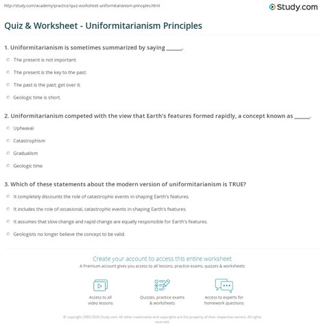 Quiz & Worksheet - Uniformitarianism Principles | Study.com