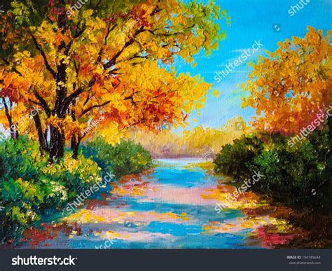 Oil Painting - Autumn Forest With A Road, Bright Leaves Stock Photo ...