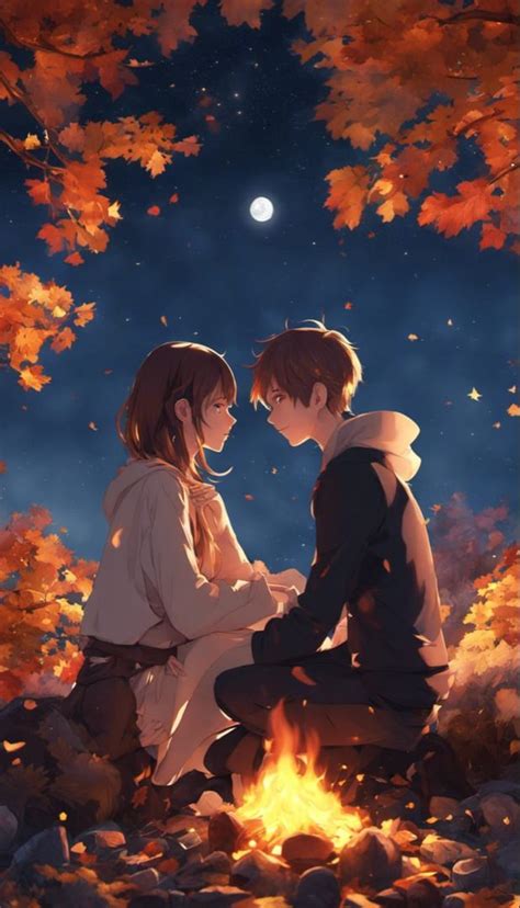 Romantic anime couple by a campfire on a beautiful autumn night ...