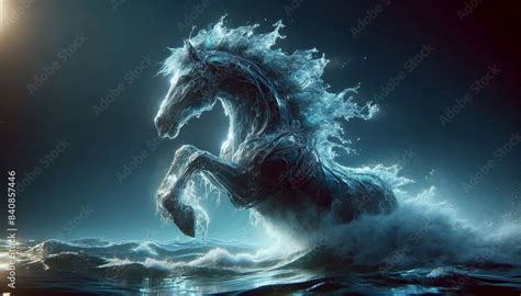 Mystical water horse rising from ocean depths - A digital artwork of a ...