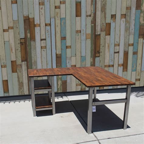 L-shaped Desk With Shelves / Solid Wood Butcher Top / Rustic / Steel ...