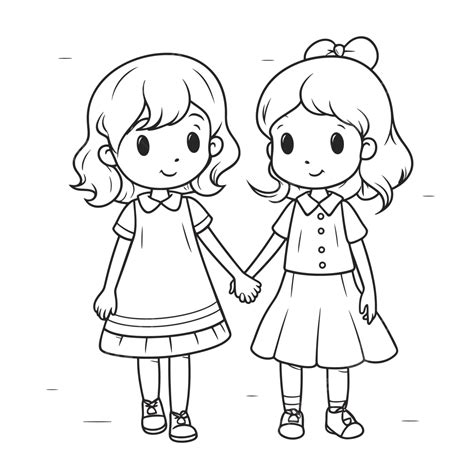 Two Little Girls Holding Hands Coloring Pages Outline Sketch Drawing ...