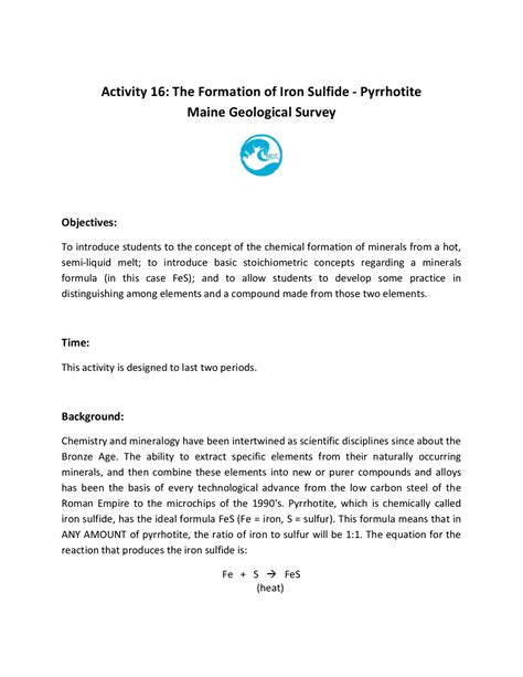 Activity 16: The Formation of Iron Sulfide | Summaries Chemistry | Docsity