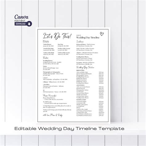 Editable Wedding Day Timeline Template, Printable Wedding Itinerary ...