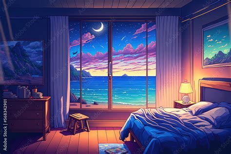 Anime background interior bedroom design including a beach theme in the ...