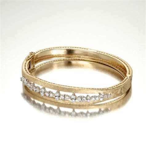 .98 Carat Diamond Mid-Century Solid Gold Hand Florentined Bangle ...