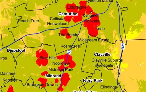 MTN coverage map of Centurion and Midrand (LTE is red)