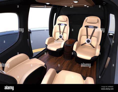 Luxury interior of flying car (air taxi) with comfortable leather seats ...