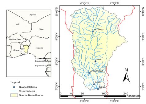 Ouémé River Basin and the five gauging stations. | Download Scientific ...