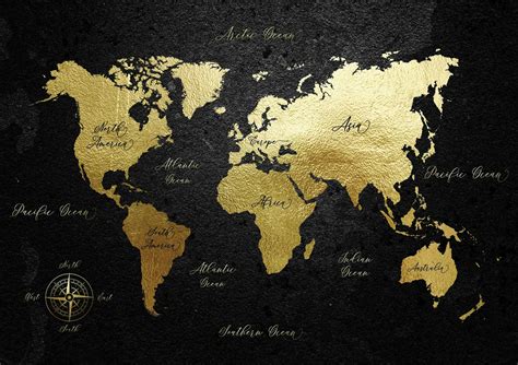 Black and Gold World Map Wall Art Wallpaper - Wall Mural | Happywall