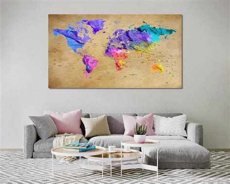 Colorful World Map Print Canvas World Map Contemporary Art - Etsy