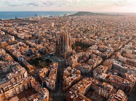 Aerial view of Barcelona City Skyline and Sagrada Familia Cathedral at ...