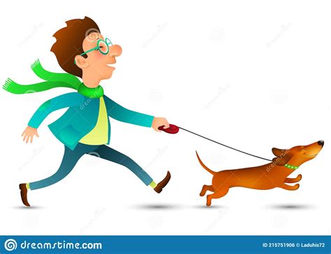 Cartoon Young Man In Glasses Running With His Funny Happy Dachshund