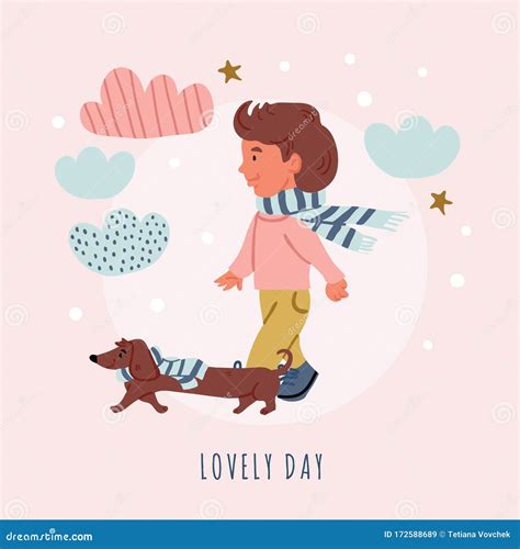 Illustration Of Boy With Dachshund Puppy Dog Walk Stock Vector