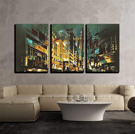 Wall26 3 Piece Canvas Wall Art - Night Scene Cityscape,Abstract Art ...