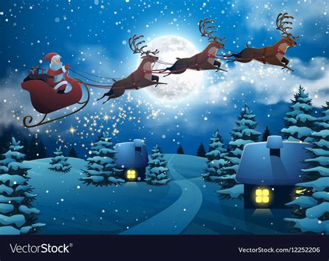 Santa claus flying on a sleigh with deer house Vector Image