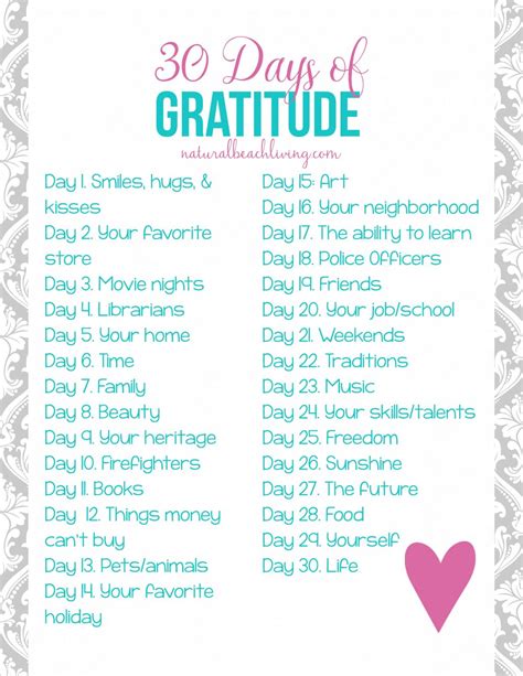 30 Days Daily Gratitude List Printable - Natural Beach Living