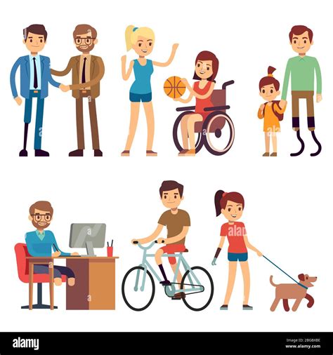 Disabled young woman and man in in day routine activities vector ...