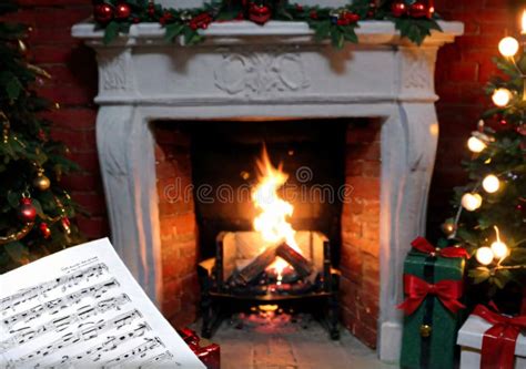 Christmas Carol Sheet Music, with a Fireplace in the Background ...