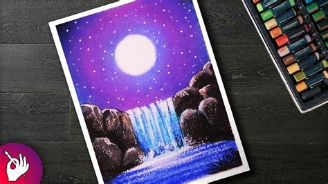 Sunset Oil Pastel Waterfall Moonlight Waterfall Scenery Drawing - Just ...