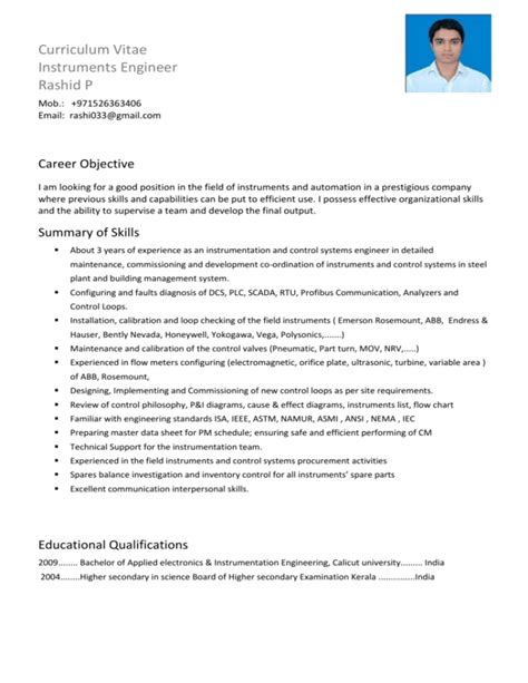 Instrumentation Engineer Resume