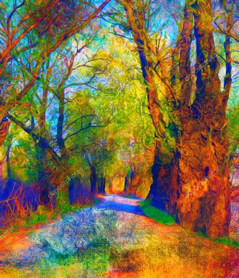 Landscape painting showing road through the forest on bright autumn day ...