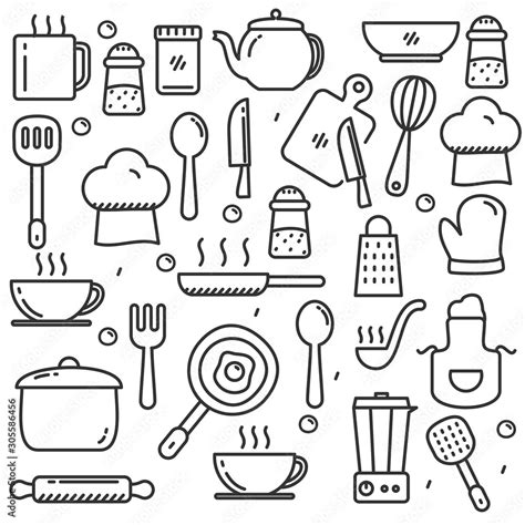 Hand drawn kitchen tools doodle. Set of cooking utensils vector ...