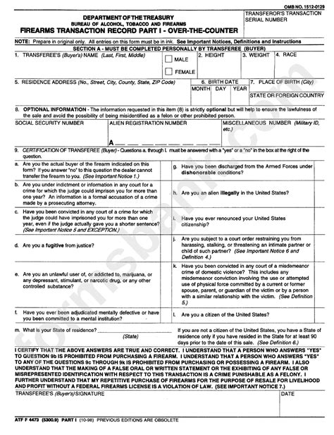 Fillable Form Atf F 4473 - Firearms Transaction Record Part 1 - Over ...