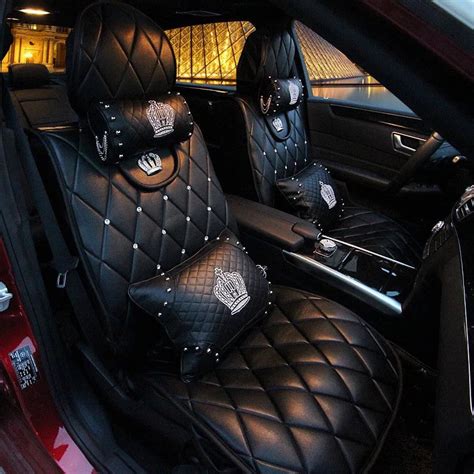 Black Leather Car Seat cover with Rhinestone bling Crown Five-pieces-s ...