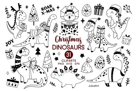 Black and white Dinosaur Christmas clipart, Dinosaur svg