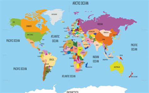 Labeled World Map with Oceans and Continents