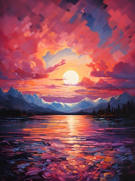 Premium AI Image | sunset on the lake painting