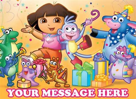 dora birthday card with cartoon characters and presents