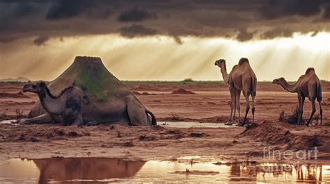 Camel in desert dramatic sunset approaching by Asar Studios Painting by ...