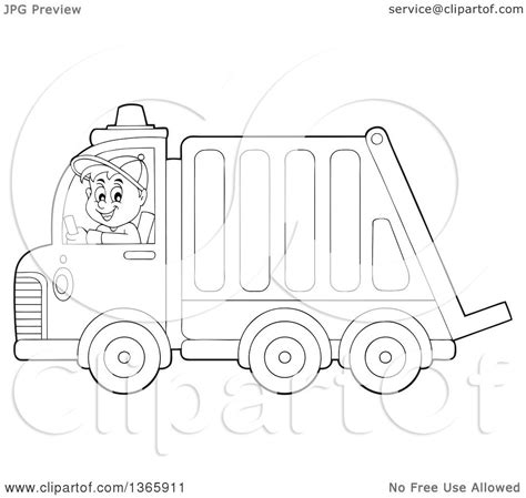 Clipart of a Cartoon Black and White Man Driving a Garbage Truck ...