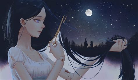 HD wallpaper: Moon, stars, night, doll, anime, anime girls, scissors ...