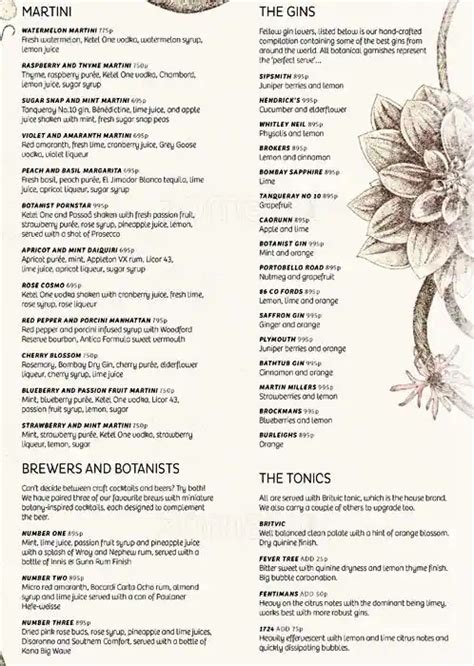 Menu at The Botanist restaurant, Manchester, Deansgate