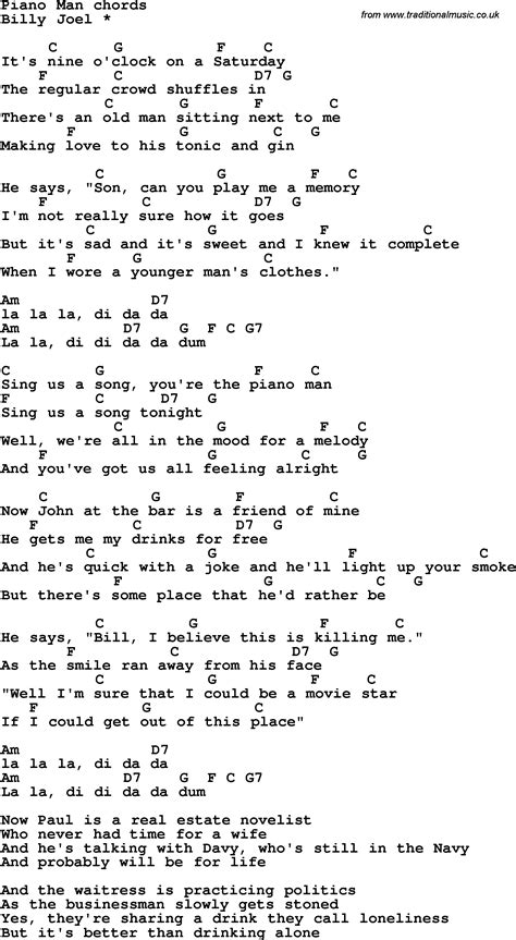 Song lyrics with guitar chords for Piano Man